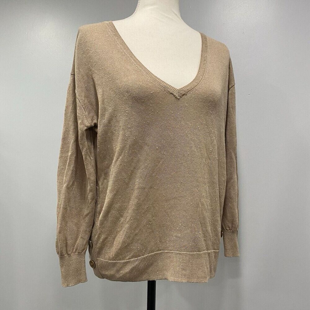 J. CREW S Lightweight Tan V-Neck Linen Blend Knit Sweater Buttons Minimalist